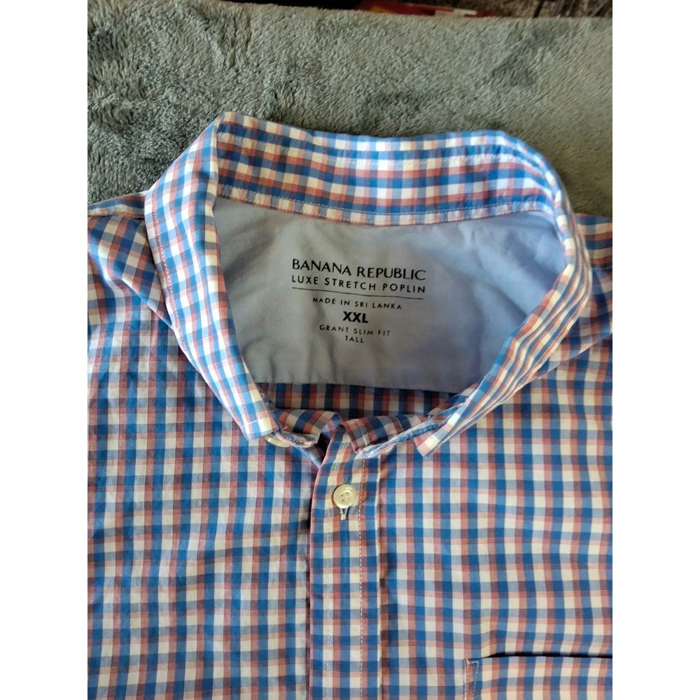Banana Republic Luxe Stretch Poplin Shirt XXL Tall Grant Slim Fit Gingham Blue